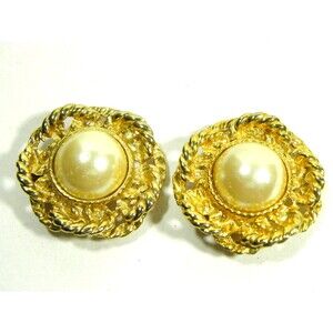 Vintage Clip On Earrings Gold Tone Faux Pearl Woven Textured France Bluette